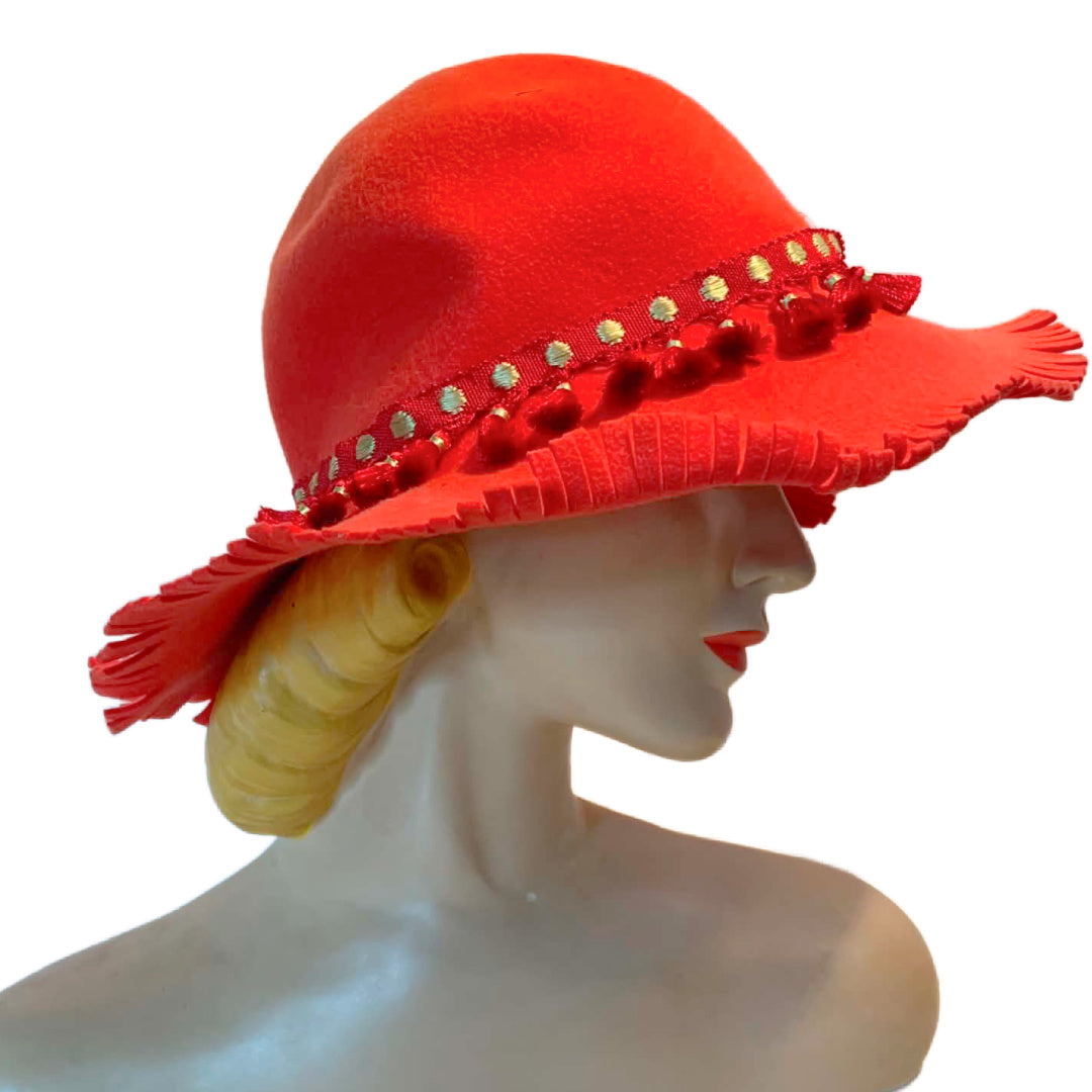 Citrus Orange Felted Wool with Fringe Edges Pom Pom Trim circa 1970s