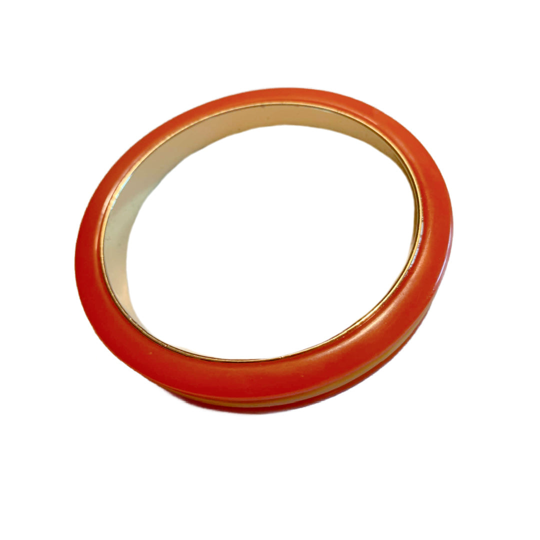 Stacked Orange and Yellow Bakelite Bangle Bracelet Laminated to Metal circa 1940s