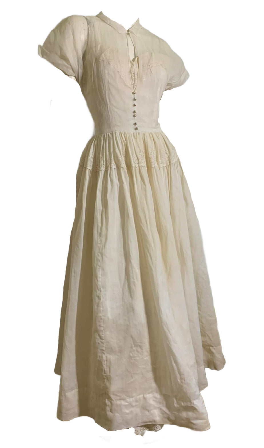 Sheer Off White Party Dress with Faux Pearl Buttons circa 1940s