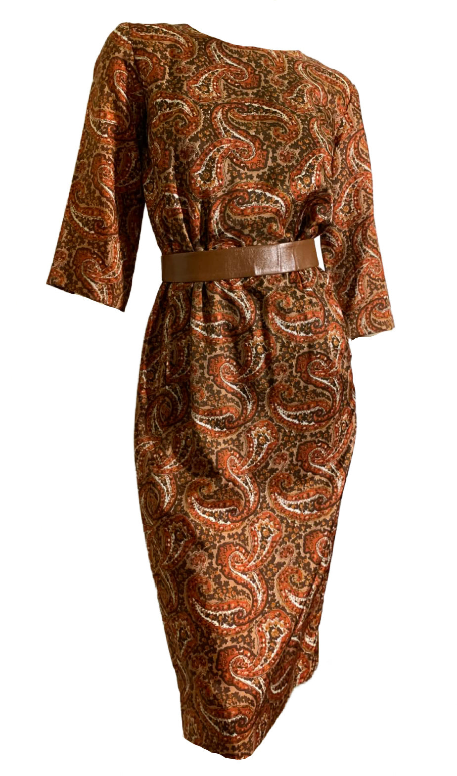 Acorn Brown & Orange Paisley Print Button Back Dress circa 1960s