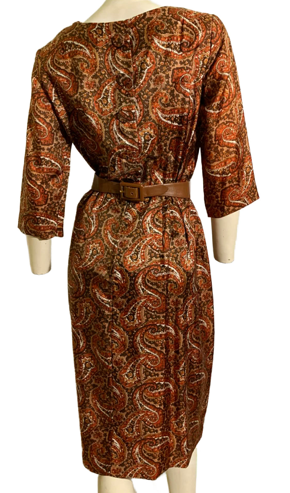 Acorn Brown & Orange Paisley Print Button Back Dress circa 1960s
