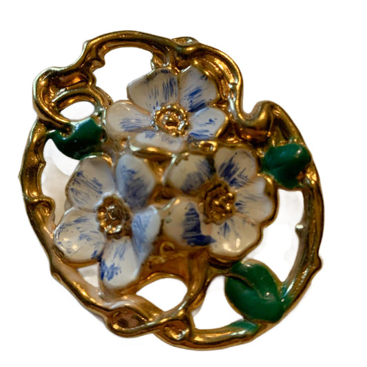 Gold Tone Enameled Metal Pansy Brooch circa 1930s