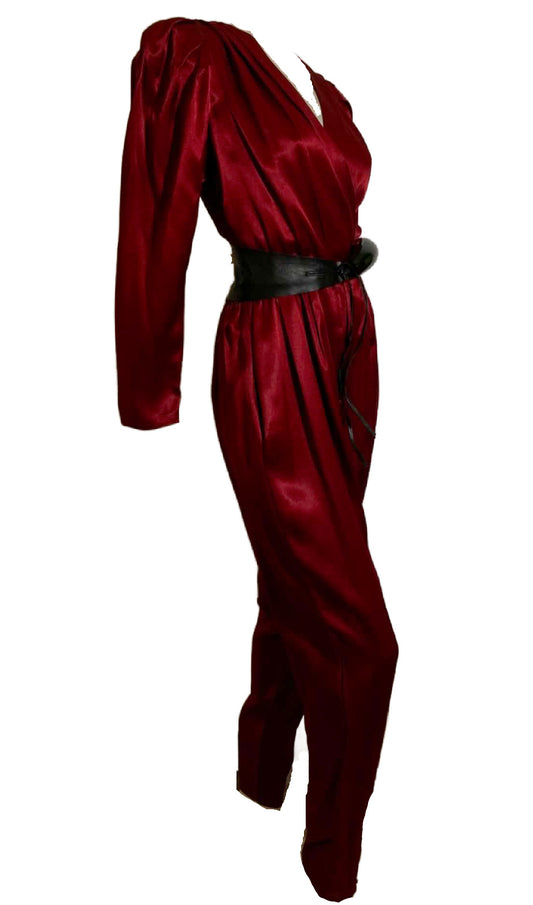 Deep Wine Satin Jumpsuit with Surplice Bodice circa 1980s