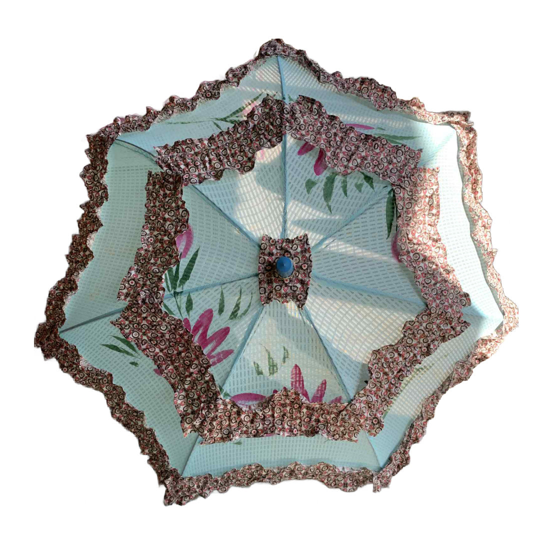 Pastel Painted Baby Blue Mini Parasol with Floral Design and Ruffles circa 1950s