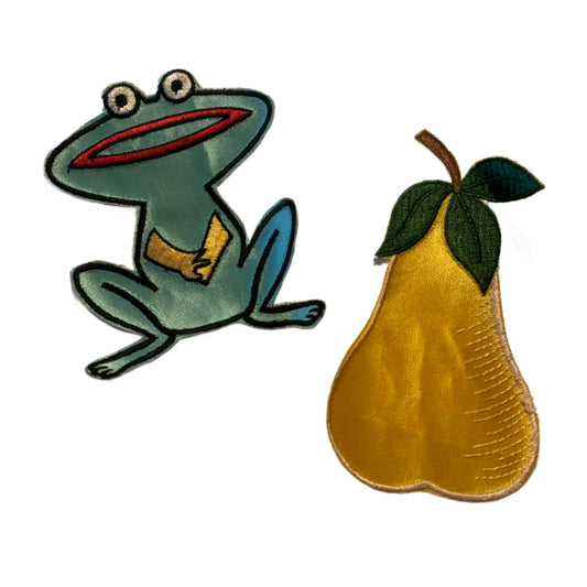 Big Satin Embroidered Patches Frog and Pear 1980s