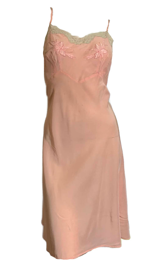 Peach Embroidered & Lace Trimmed Full Slip circa 1940s
