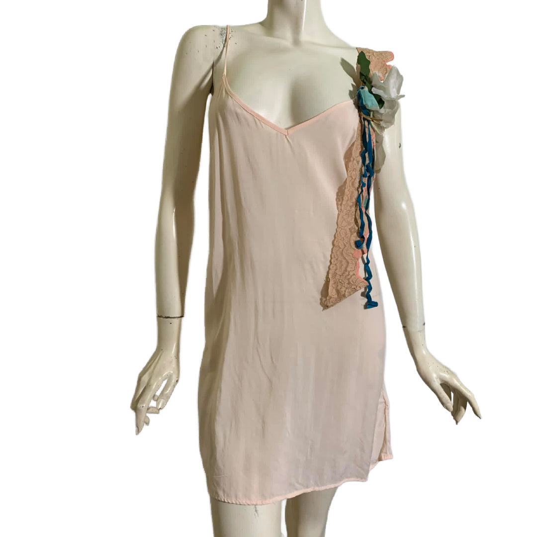 Pageant Girl Peach Reimagined Cotton Slip Dress with Vintage Millinery, Lace and Ribbons