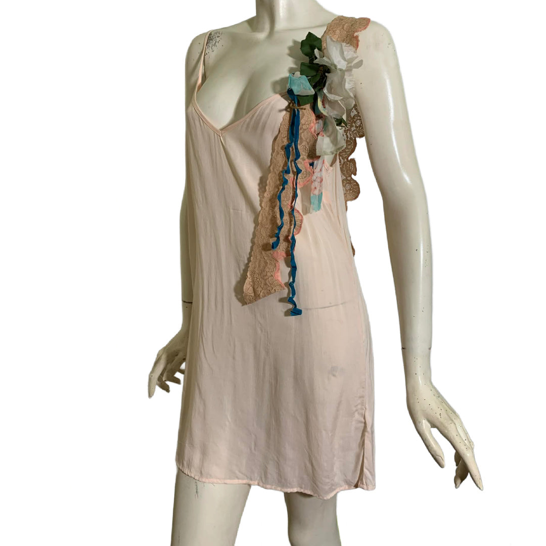 Pageant Girl Peach Reimagined Cotton Slip Dress with Vintage Millinery, Lace and Ribbons