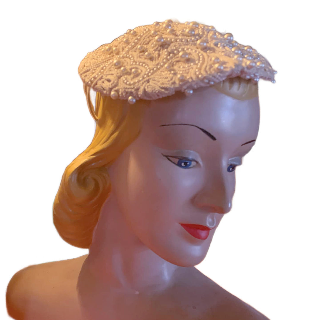 Warm White Pretty Faux Pearl Adorned Cocktail Hat circa 1950s