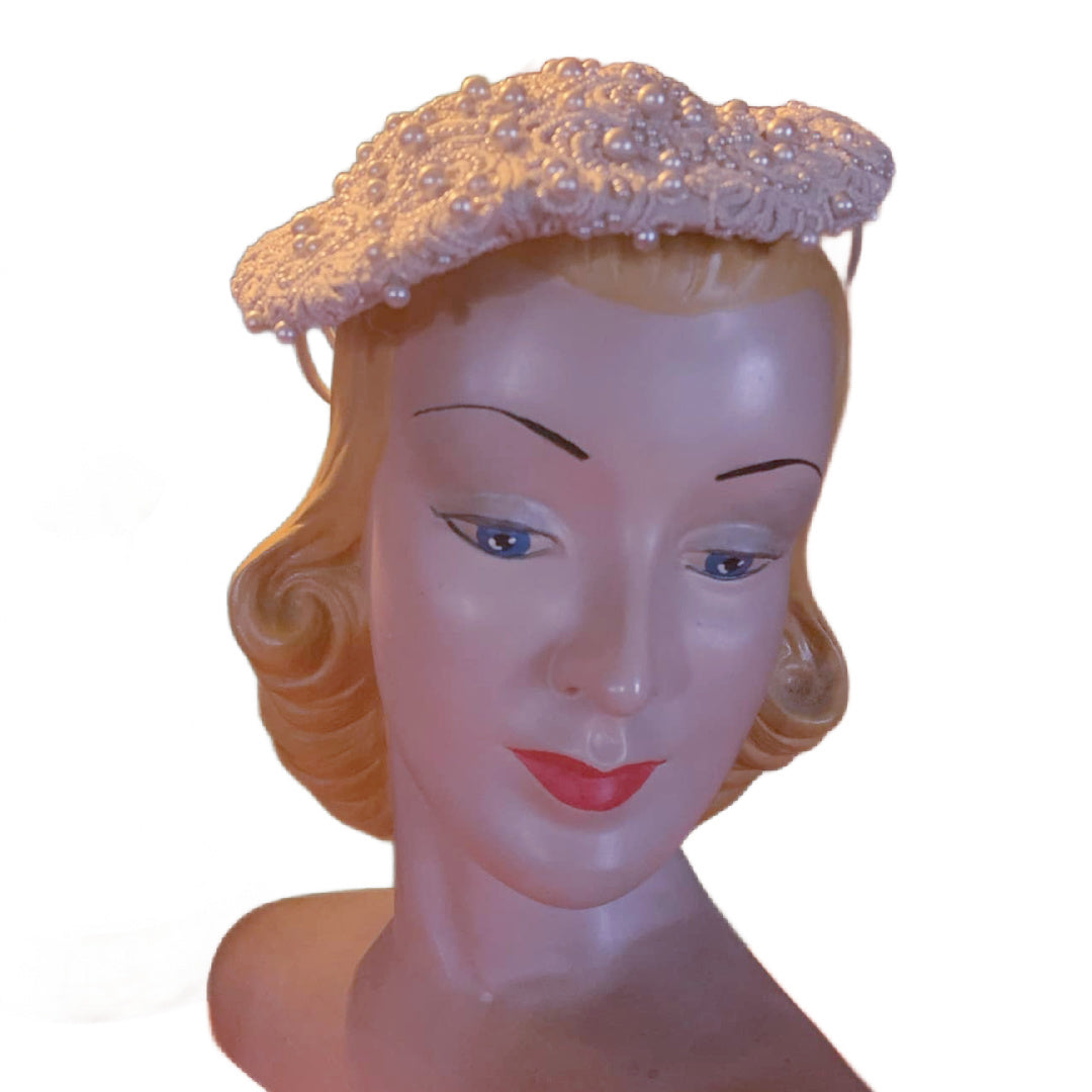 Warm White Pretty Faux Pearl Adorned Cocktail Hat circa 1950s