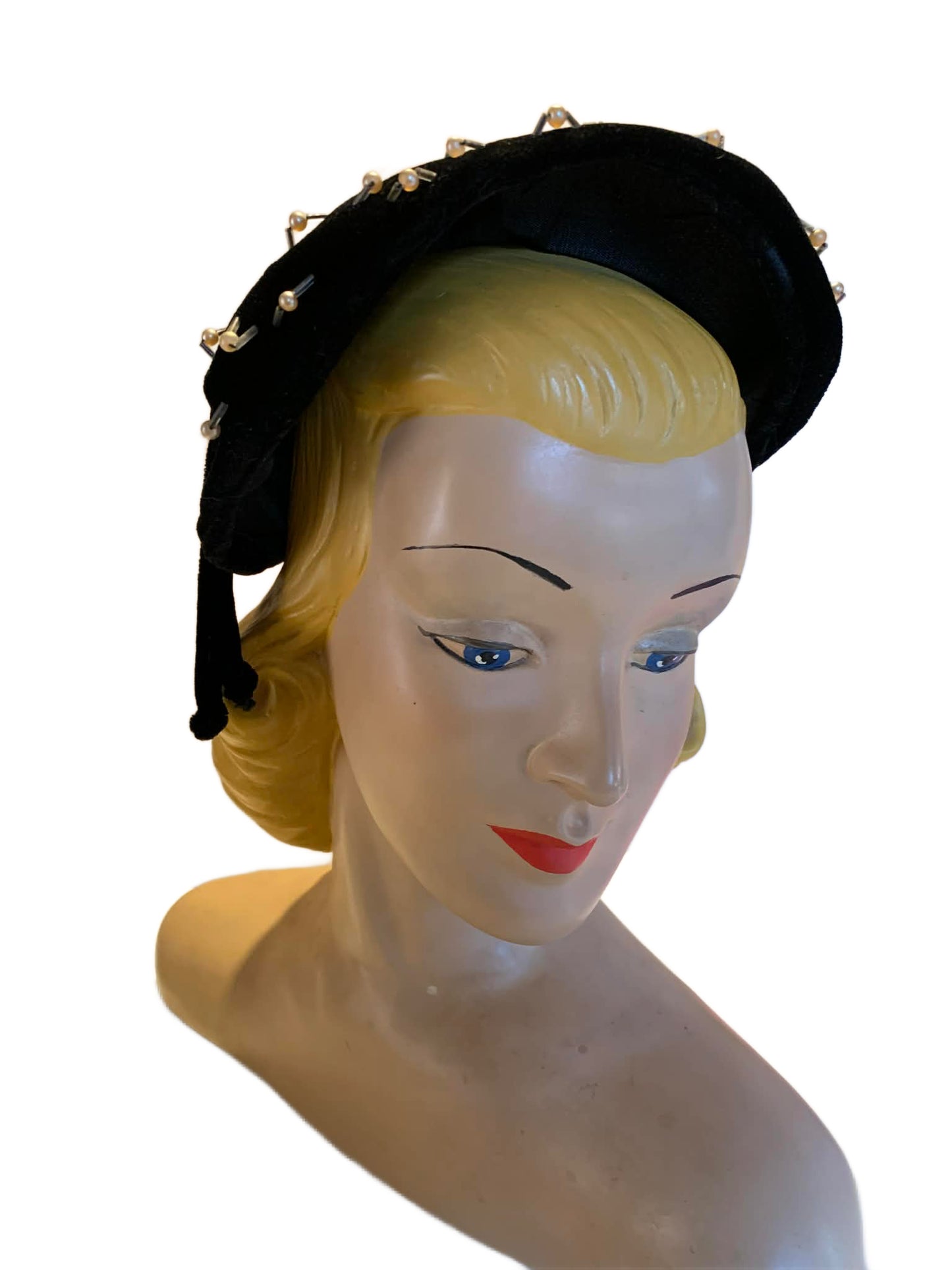 Pearl and Gold Bead Dotted Black Velvet Cocktail Hat circa 1950s