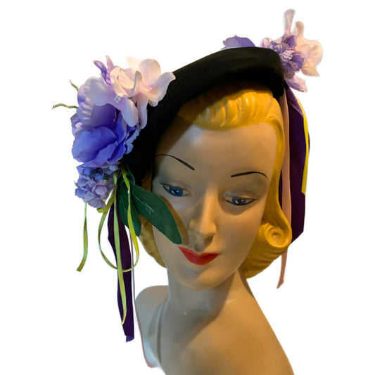 Purple Haze Reimagined Black 1940s Tilt Hat Purple Peonies and Ribbons