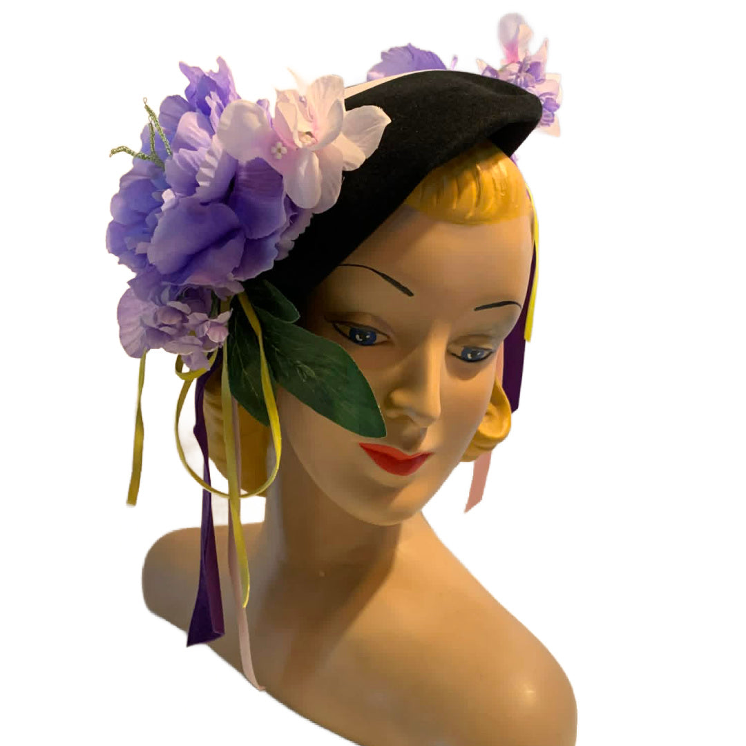 Purple Haze Reimagined Black 1940s Tilt Hat Purple Peonies and Ribbons