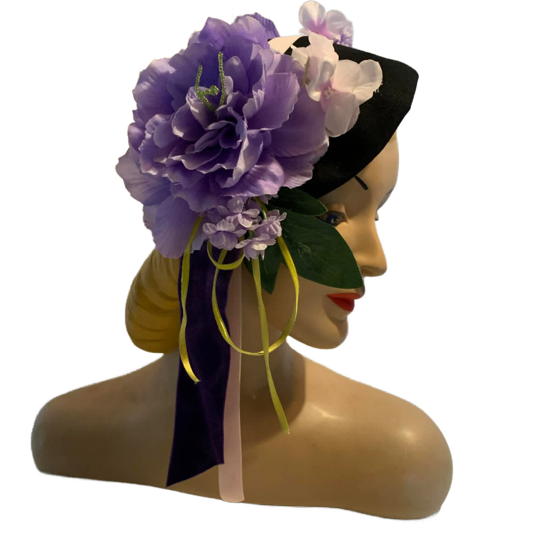Purple Haze Reimagined Black 1940s Tilt Hat Purple Peonies and Ribbons