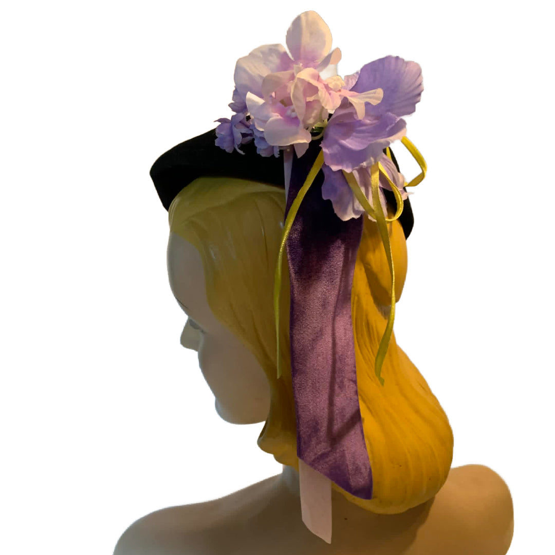 Purple Haze Reimagined Black 1940s Tilt Hat Purple Peonies and Ribbons