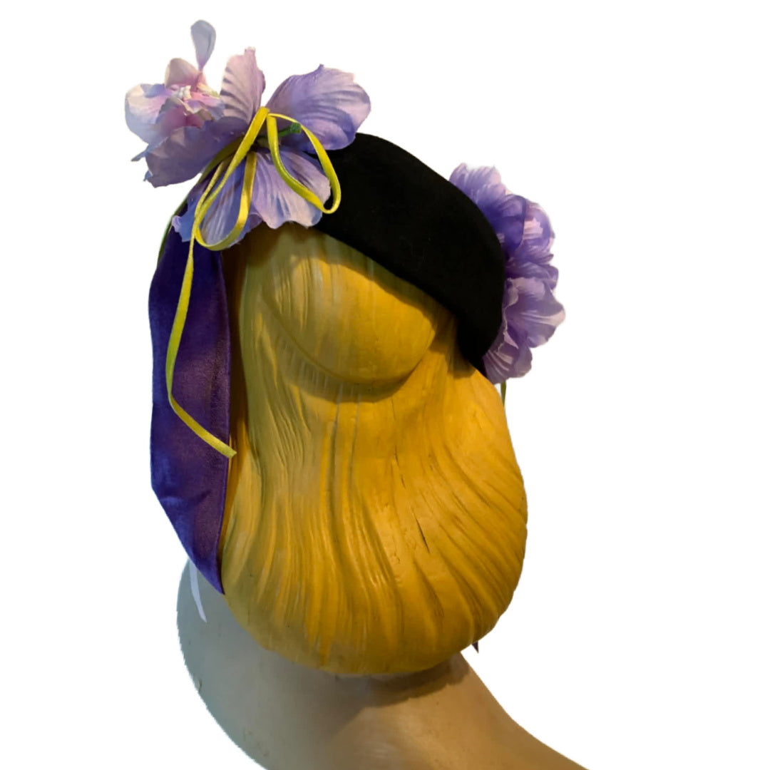 Purple Haze Reimagined Black 1940s Tilt Hat Purple Peonies and Ribbons