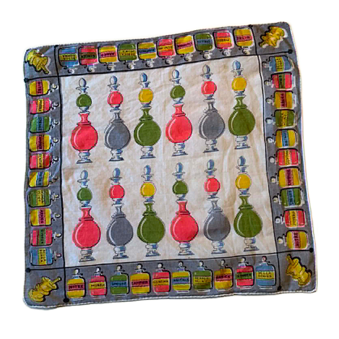 Pharmacist Themed Novelty Print Cotton Handkerchief circa 1950s