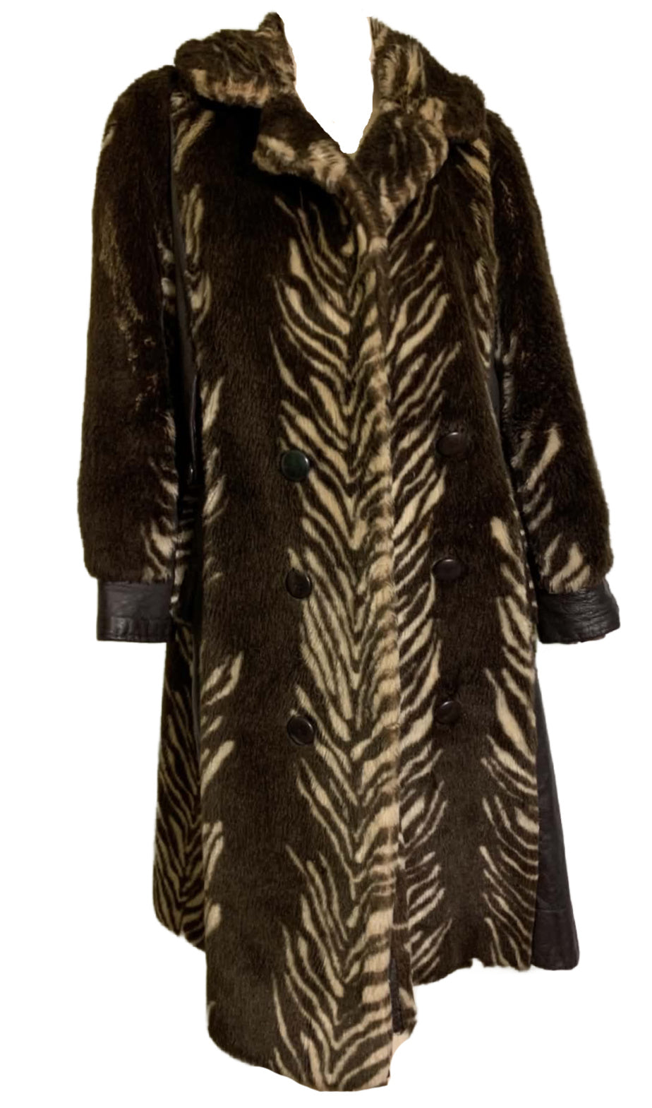 Funky Deep Brown Zebra Stripe Faux Fur Coat Pleather Accents circa 1970s