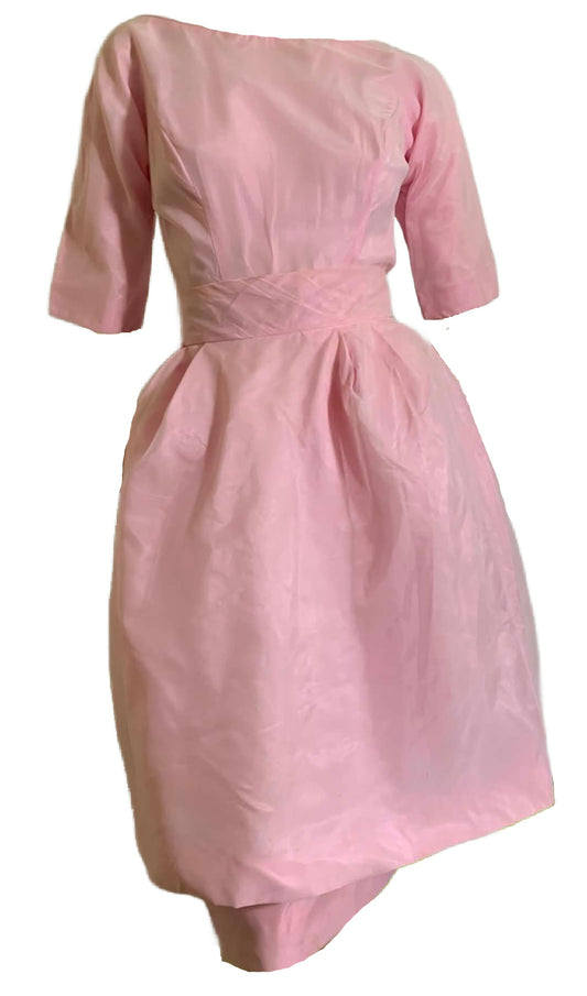Baby Pink Cocktail Dress with Overskirt and Bow Dress circa 1960s