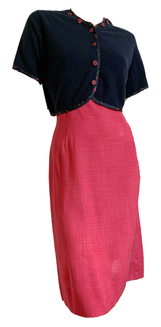 Peony Pink Linen Look 3 Pc Dress Set with Sweater circa 1960s