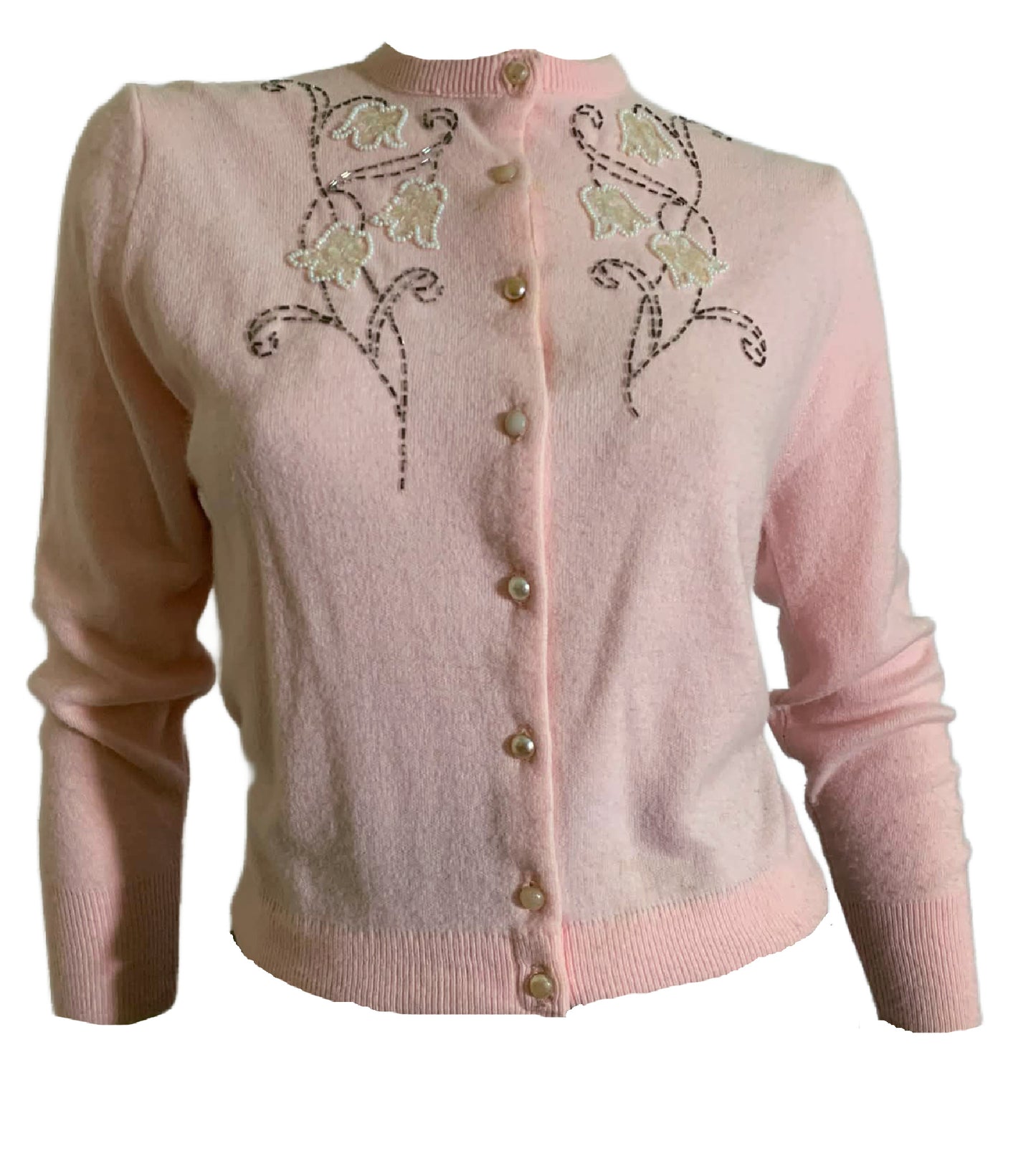 Rose Petal Pink Sequined and Beaded Button Front Cardigan Sweater circa 1960s