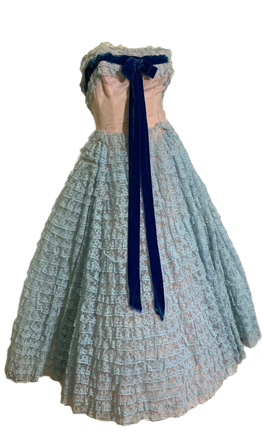 Baby Blue Lace and Tulle Strapless Party Dress Blue Velvet Ribbon circa 1960s