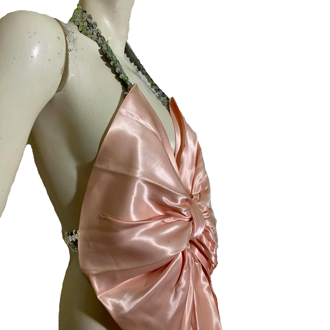 Material Girl the Reimagined Big Pink Slipper Satin Bow and Sequins Halter Top