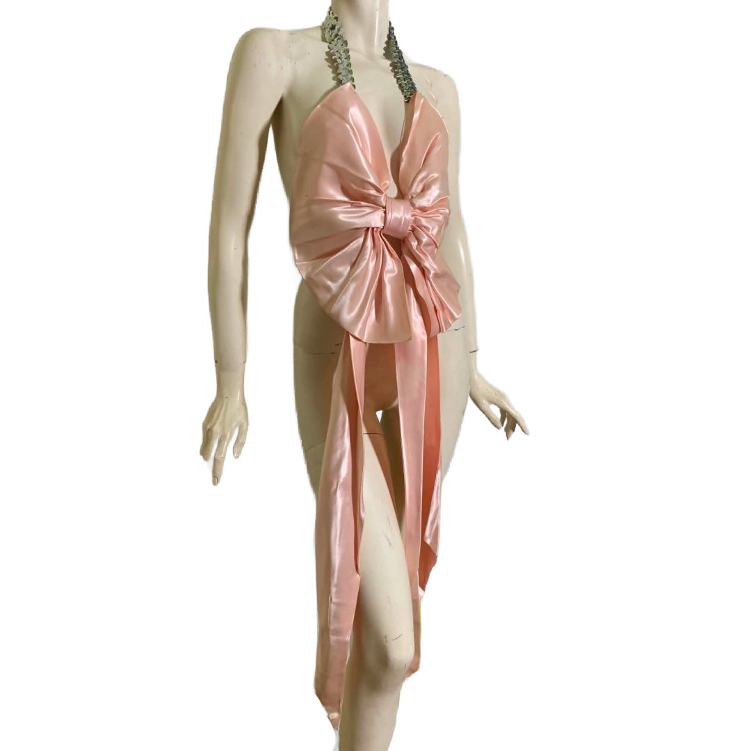 Material Girl the Reimagined Big Pink Slipper Satin Bow and Sequins Halter Top