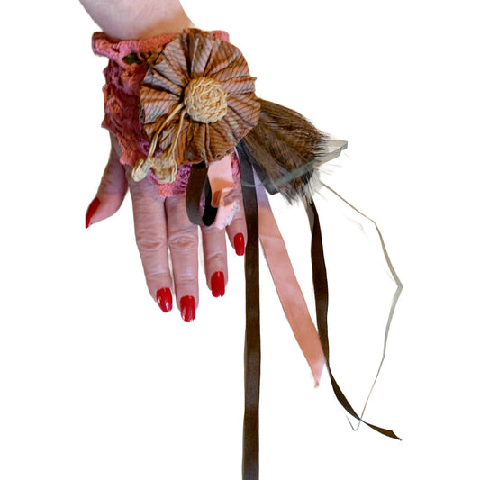 Woodland Nymph Reimagined Pink Lace Wrist Cuff with Ribbons, Rosette and Silk Trim