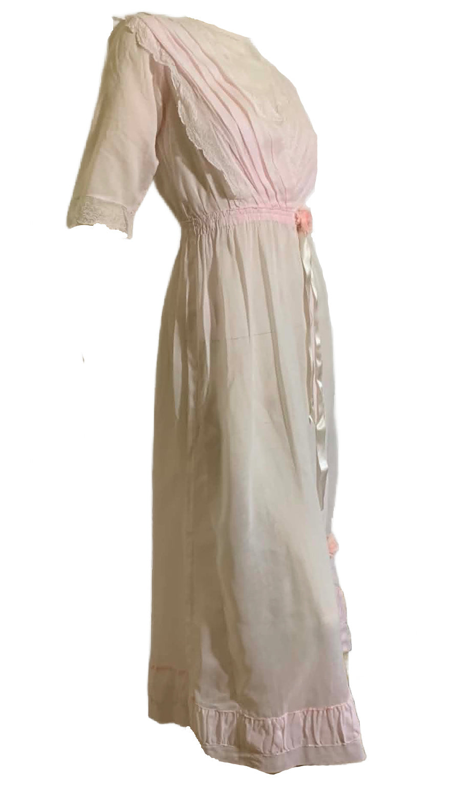 Palest Petal Pink Semi-Sheer Pink Cotton Edwardian Dress with Rosettes and Ribbon circa 1910s