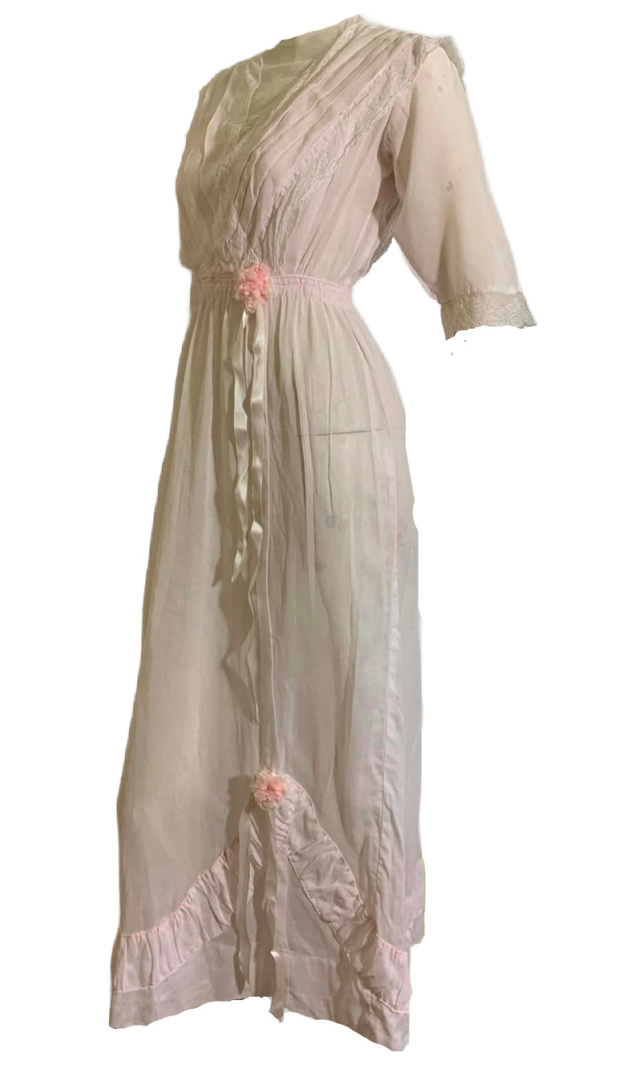 Palest Petal Pink Semi-Sheer Pink Cotton Edwardian Dress with Rosettes and Ribbon circa 1910s