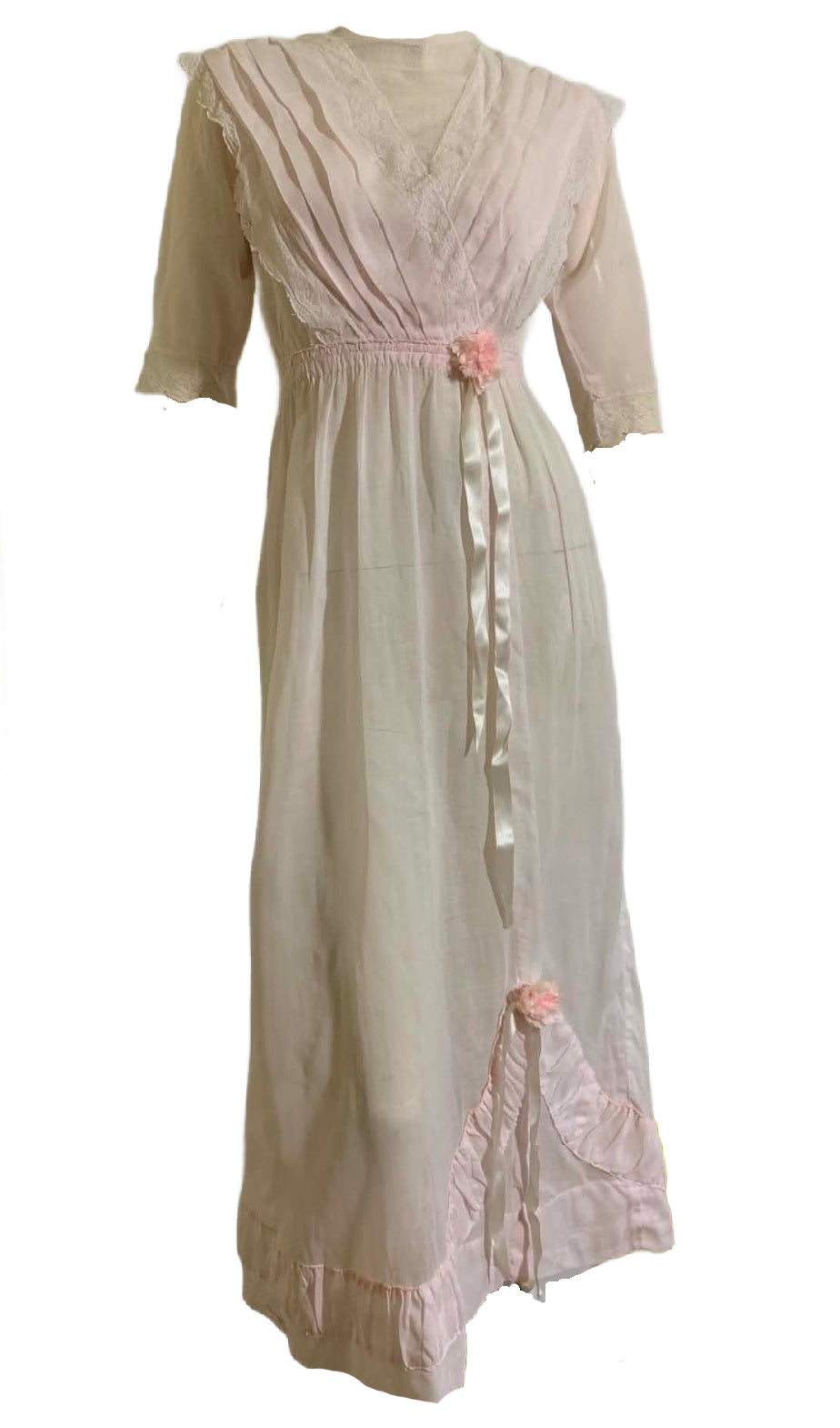 Palest Petal Pink Semi-Sheer Pink Cotton Edwardian Dress with Rosettes and Ribbon circa 1910s