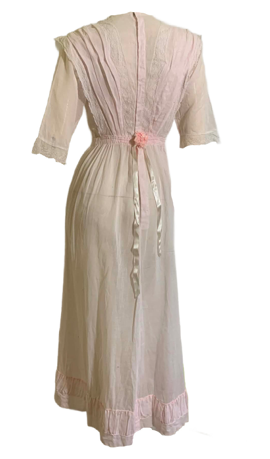 Palest Petal Pink Semi-Sheer Pink Cotton Edwardian Dress with Rosettes and Ribbon circa 1910s