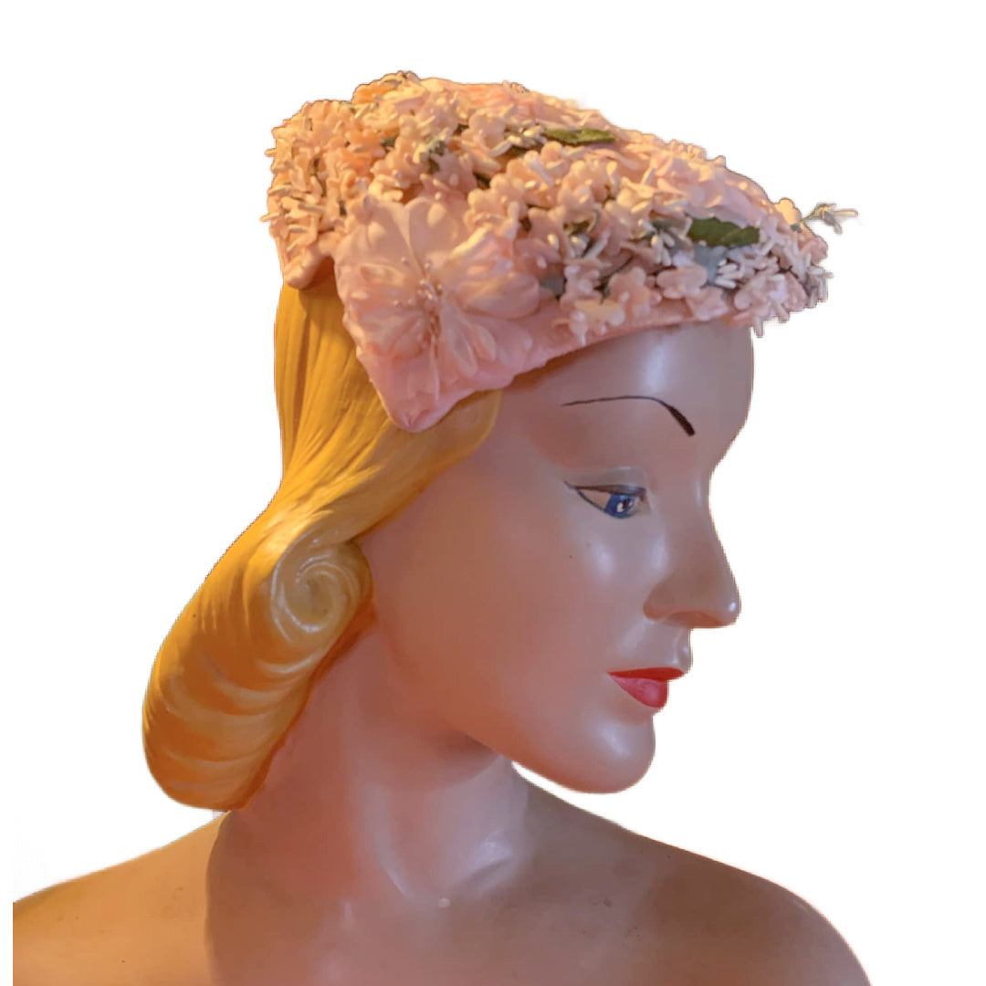 Dainty Pink Silk Flower Trimmed Sculpted Cocktail Hat circa 1950s