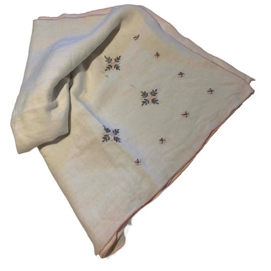 Pink and Gray Embroidered White Cotton Tablecloth 36" Square circa 1940s