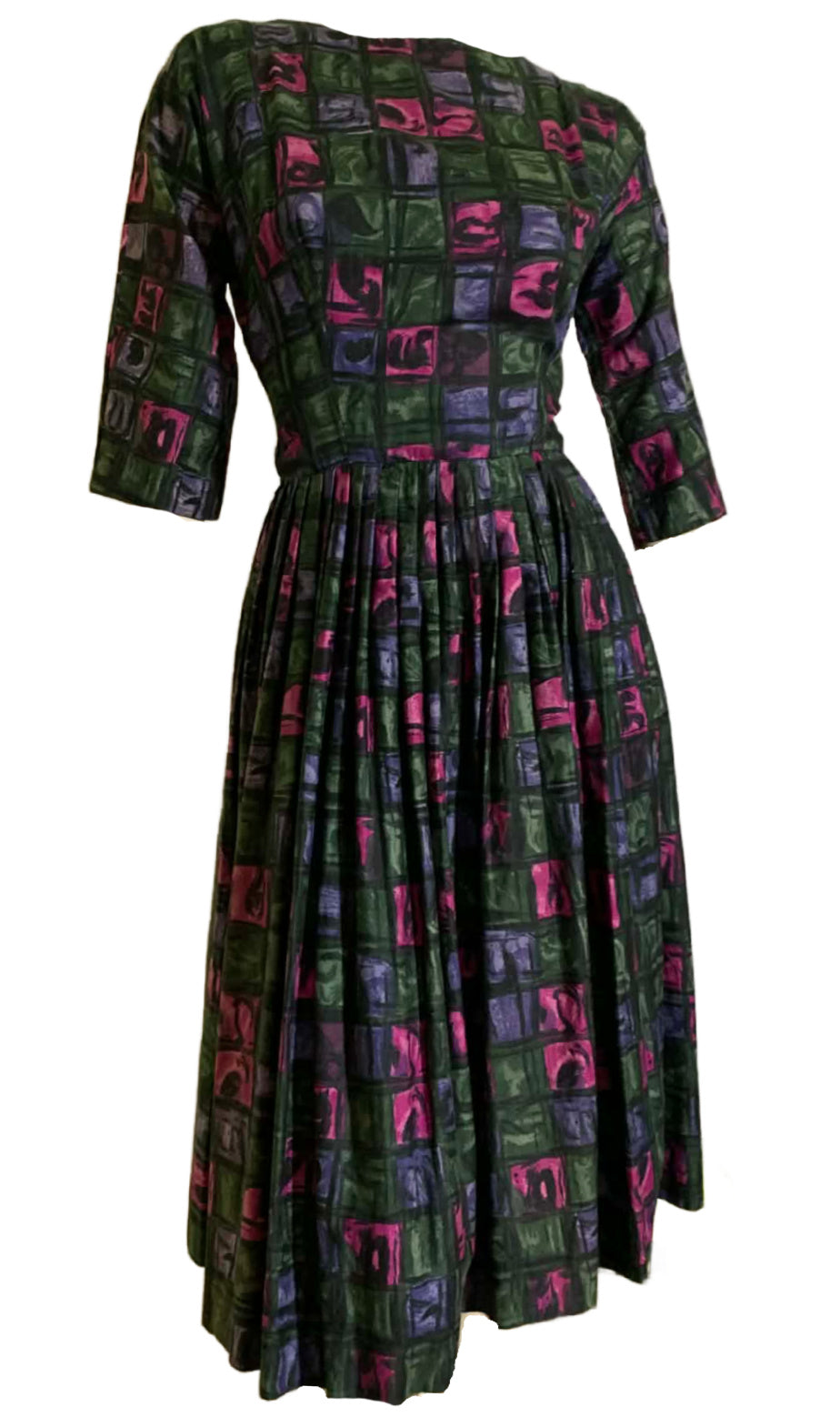 Pink and Green Abstract Print Cotton Dress with Full Skirt circa 1960s