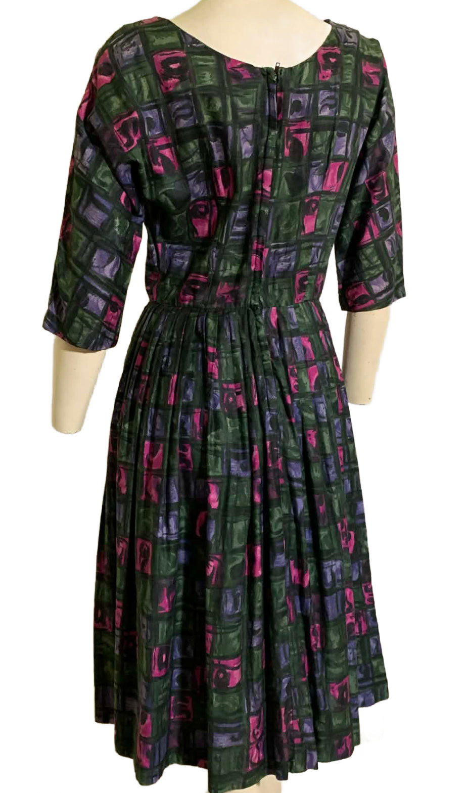 Pink and Green Abstract Print Cotton Dress with Full Skirt circa 1960s