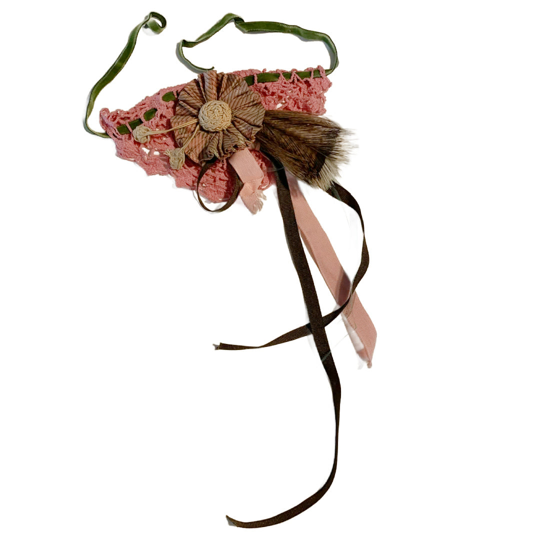 Woodland Nymph Reimagined Pink Lace Wrist Cuff with Ribbons, Rosette and Silk Trim