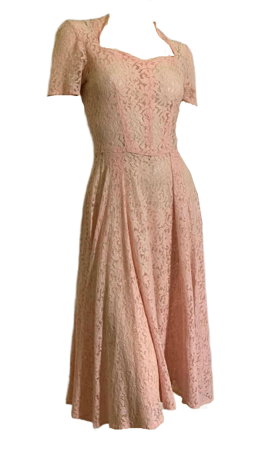 Baby Pink Sheer Lace Dress Sweetheart Neckline circa 1940s