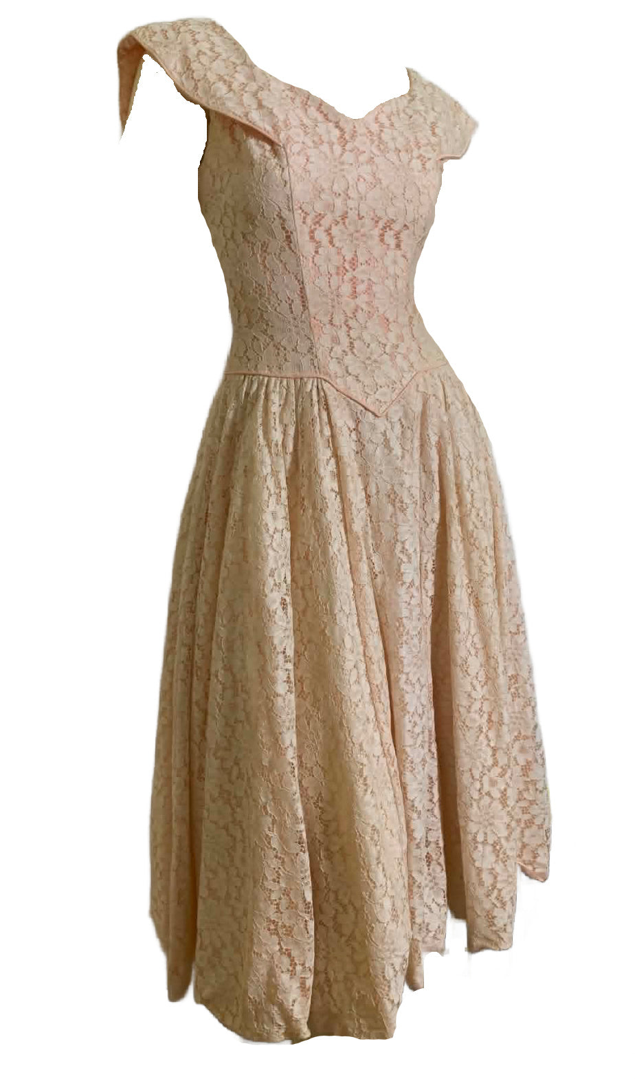 Baby Pink Lace Full Skirt Dress with Bow Back circa 1960s