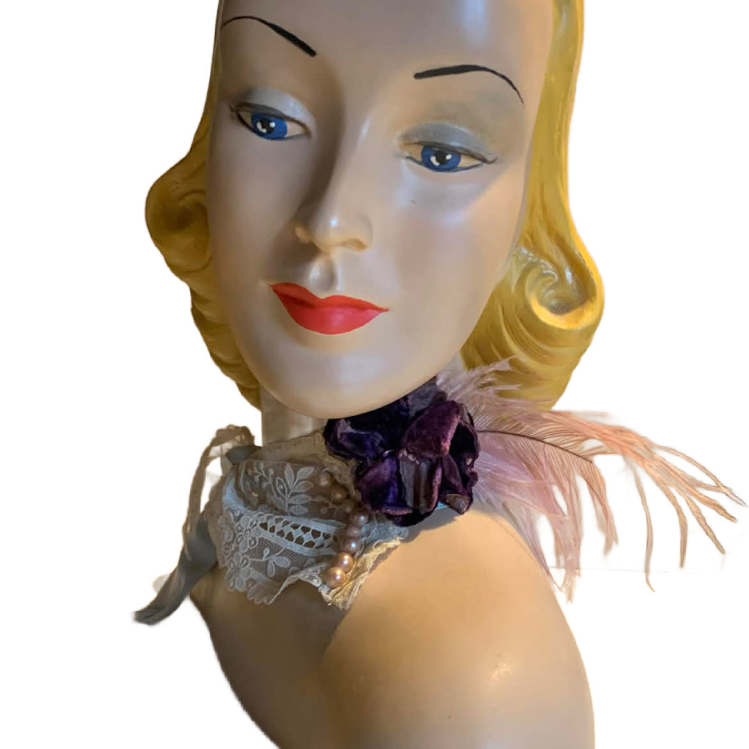 Miss Lala Antique Lace and Ribbon Neckpiece with Velvet Flower and Feather