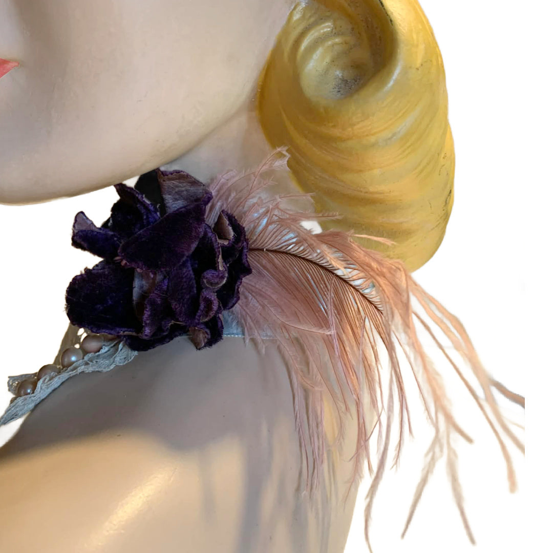 Miss Lala Antique Lace and Ribbon Neckpiece with Velvet Flower and Feather