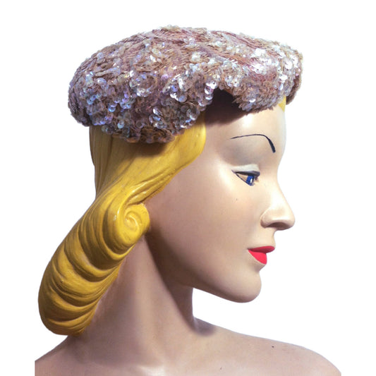 Iridescent Rose Pink Sequined & Beaded Cocktail Hat circa 1950s