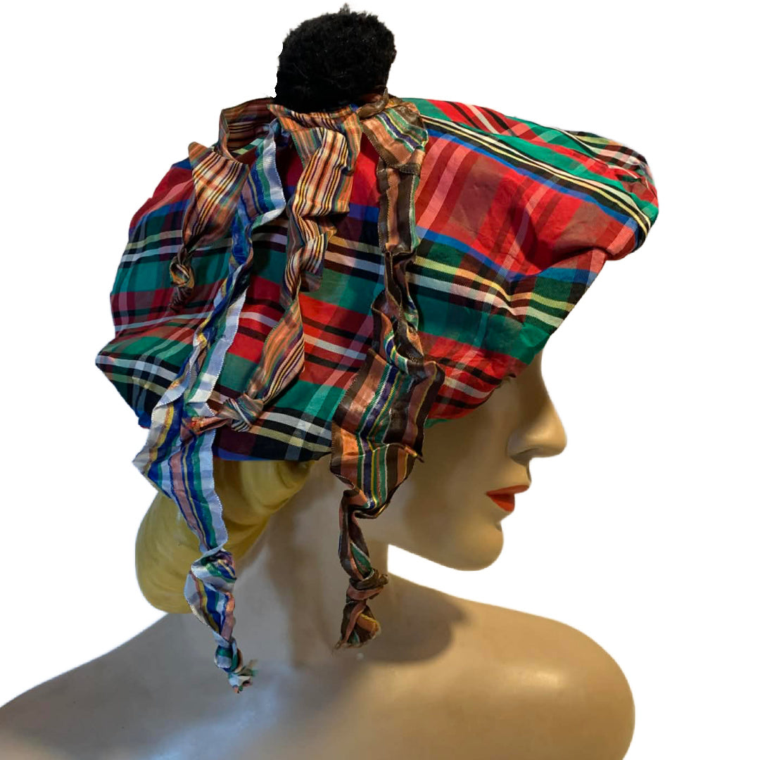 Ol' Sport Reimagined Plaid Taffeta 1940s Hat with Ribbons and Pom Poms