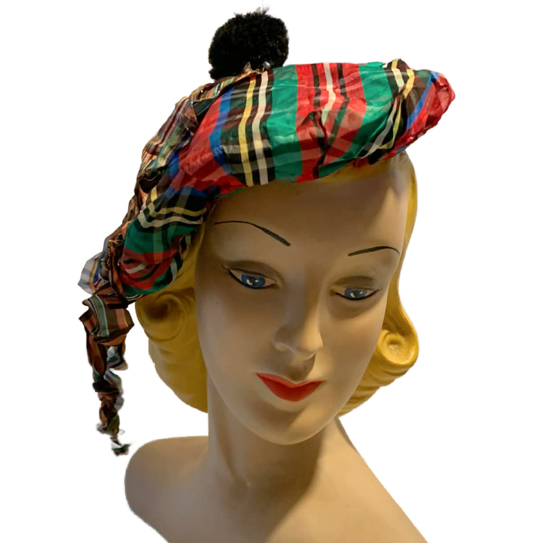 Ol' Sport Reimagined Plaid Taffeta 1940s Hat with Ribbons and Pom Poms