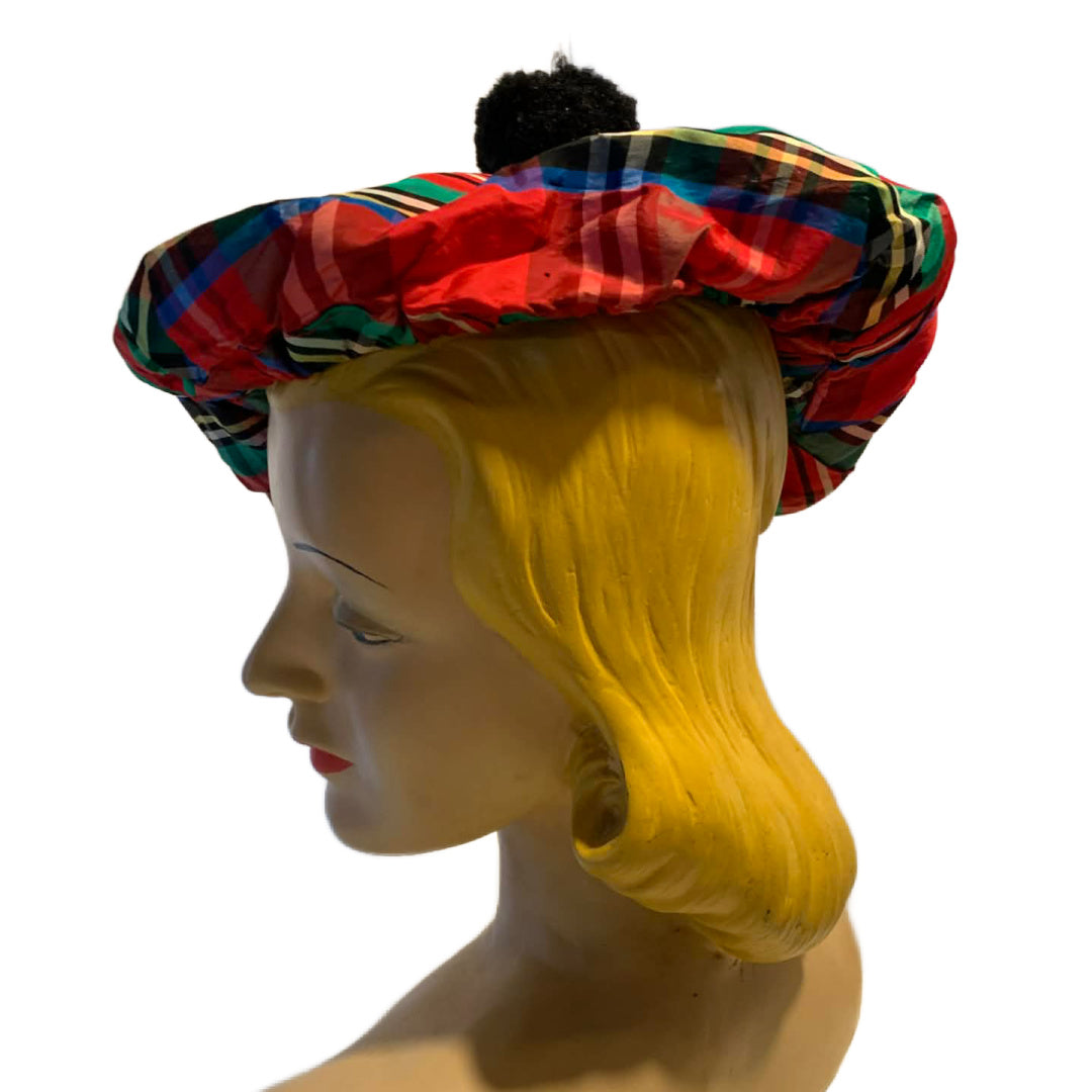 Ol' Sport Reimagined Plaid Taffeta 1940s Hat with Ribbons and Pom Poms