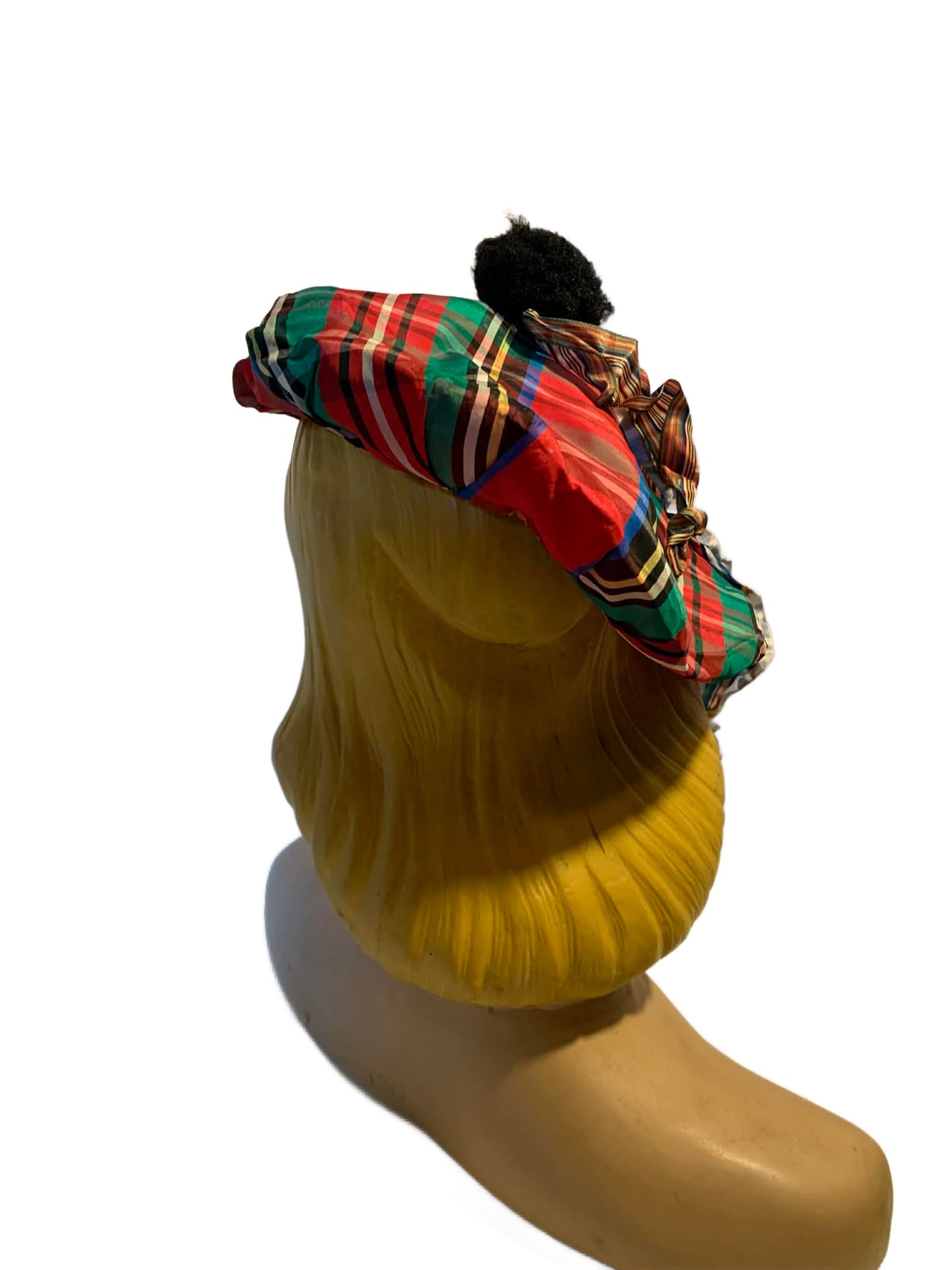 Ol' Sport Reimagined Plaid Taffeta 1940s Hat with Ribbons and Pom Poms