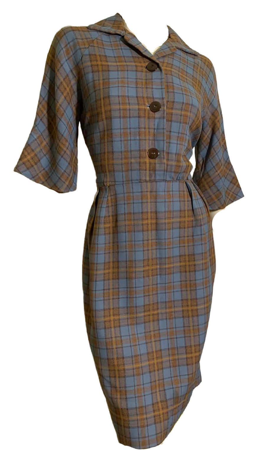 Chic Blue and Mocha Wool Plaid Shirtwaist Dress circa 1950s