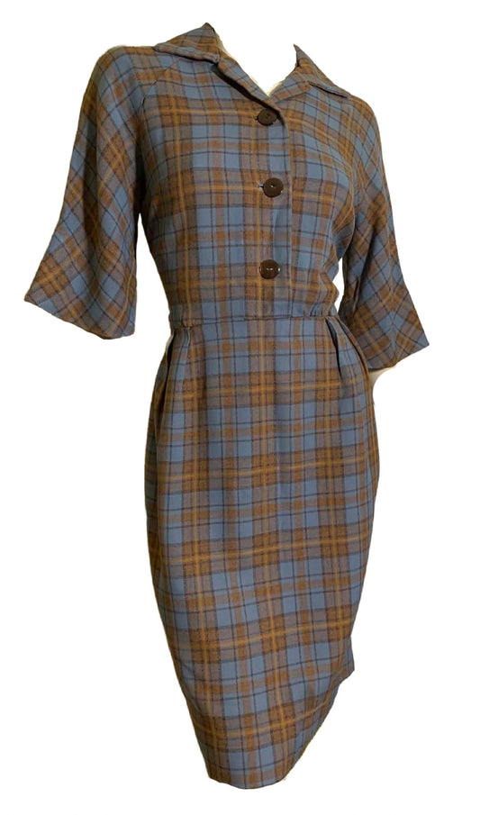 Chic Blue and Mocha Wool Plaid Shirtwaist Dress circa 1950s
