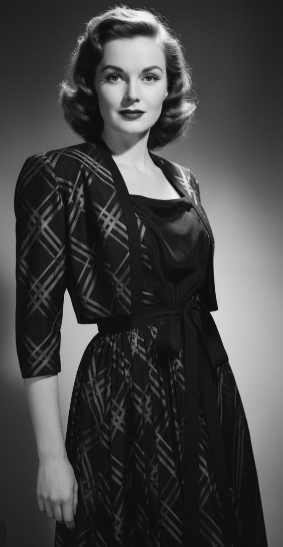 Black, Red and Green Shimmering Taffeta Dress with Bolero Jacket circa 1940s